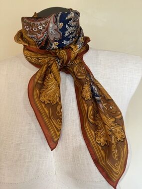 Jacqueline Ferrar 100% Silk Square Scarf Paisley Floral | Navy, Rust & Gold 30”